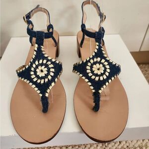 Jack Rogers "Elise" Denim/Gold Leather Whipstitch Thong Sandals Sz.7 Ret $148